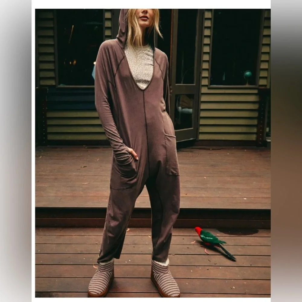NWT Movement by Free People Brown V-Neck Jumpsuit Romper w/ Hoodie - Picture 4 of 6
